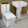 Modern bathroom one-piece toilet bowl set with pedestal sink- White with Gold Line